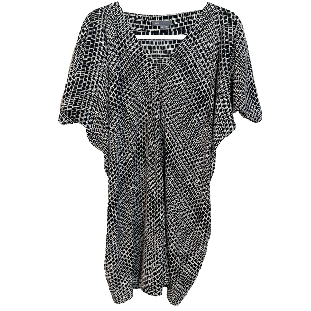 Vince 100% Silk Geometric Grid V-Neck Dolman Sleeve Tunic Blouse Black White XS